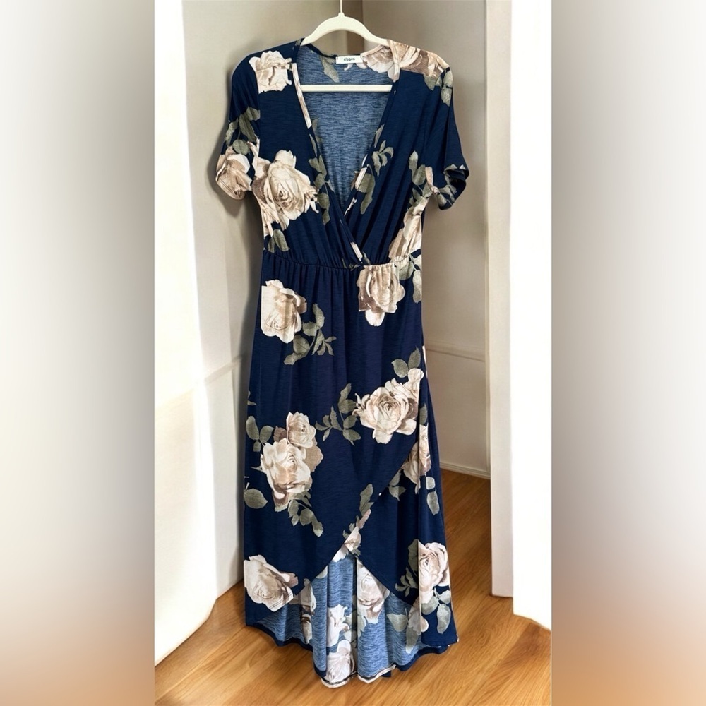 Éloges Colorful Floral Navy Blue High-Low Wrap Spring Summer Dress Size Large
